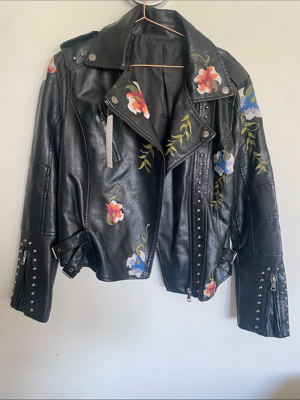 Black Floral Embroidered Faux Leather Moto Jacket with Studs